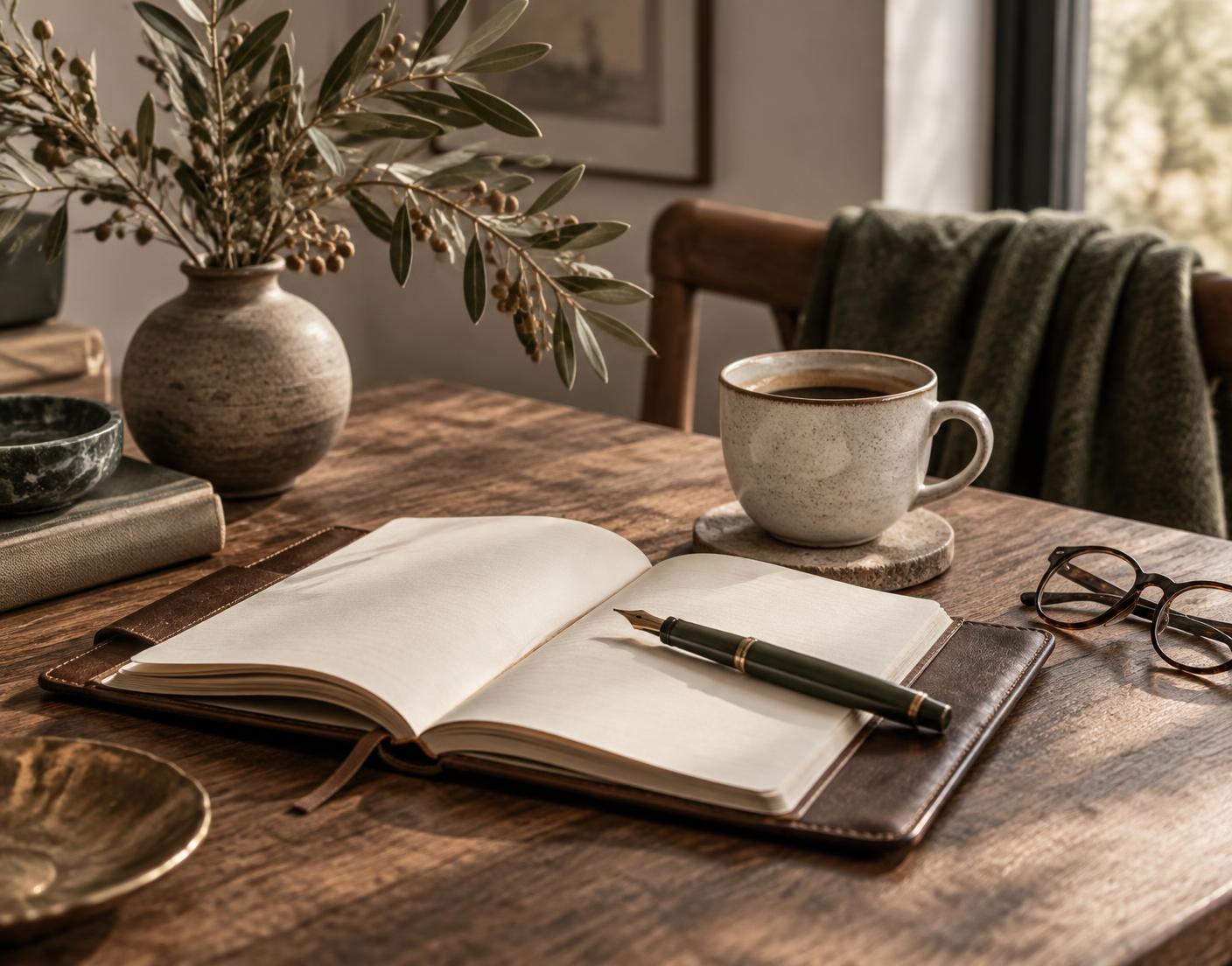 A quiet desk with an open journal, fountain pen, coffee and olive branches in warm morning light